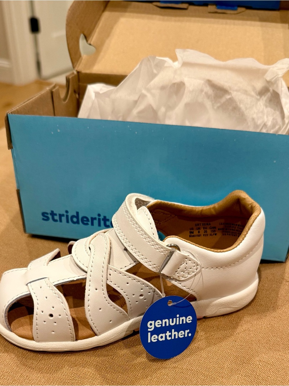 Stride Rite White Leather Kids Sandal with Hook-and-Loop Strap